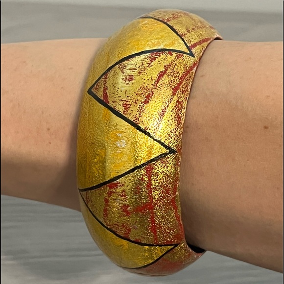 Wood Bangle Bracelet with Gold and Red Zigzag Painted Design, Boho - Picture 1 of 5